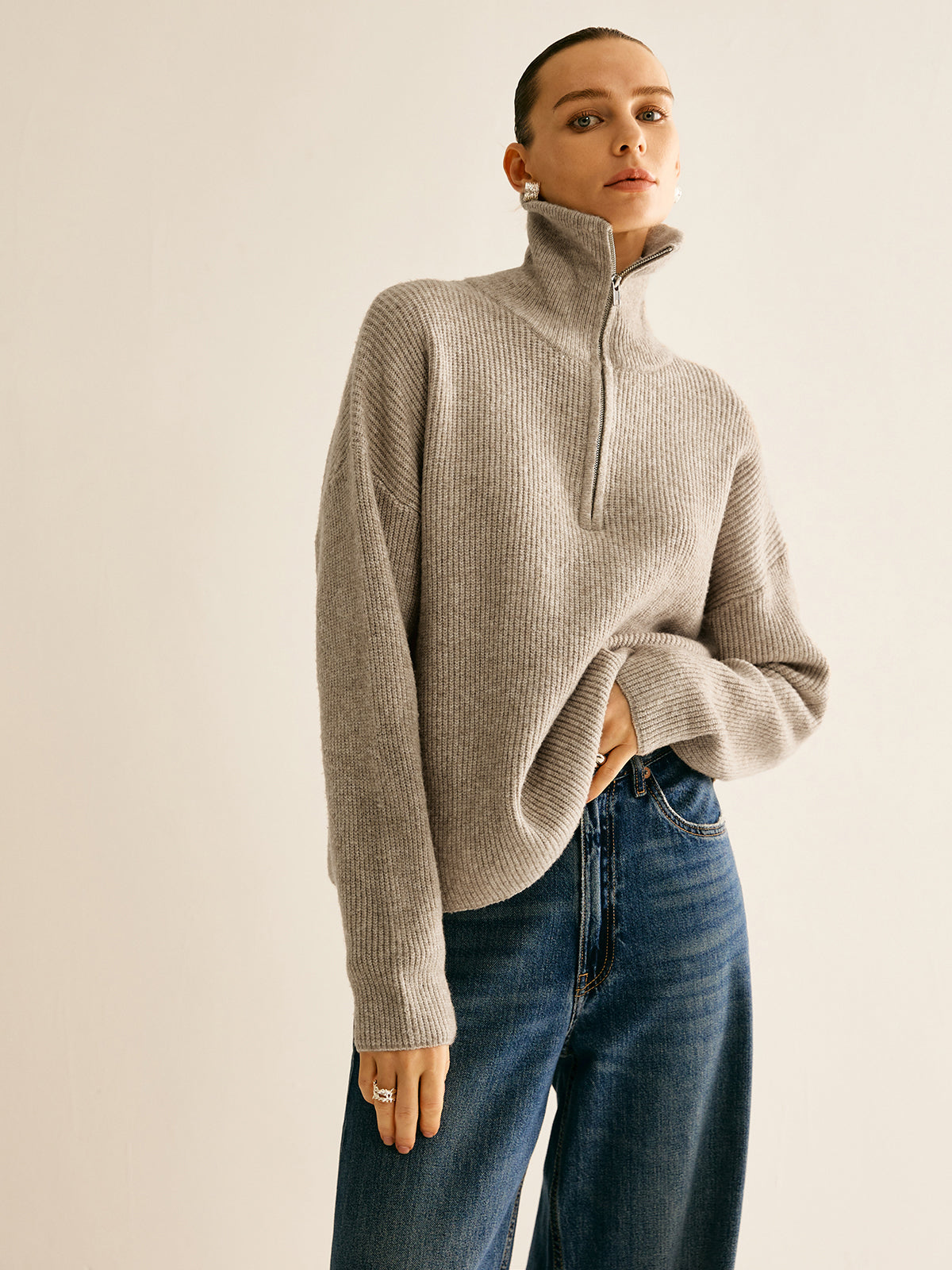 Wool-Blend Zipper Sweater Co-ords with Front Pockets for Women
