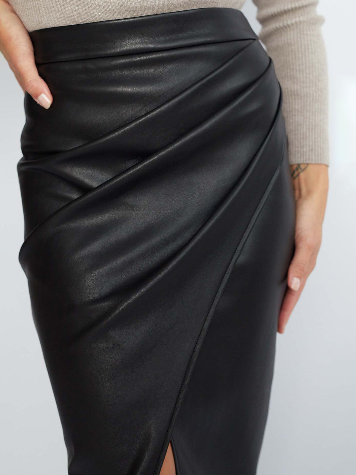 Pleated Split PU Leather Skirt High Waist Fashion Midi