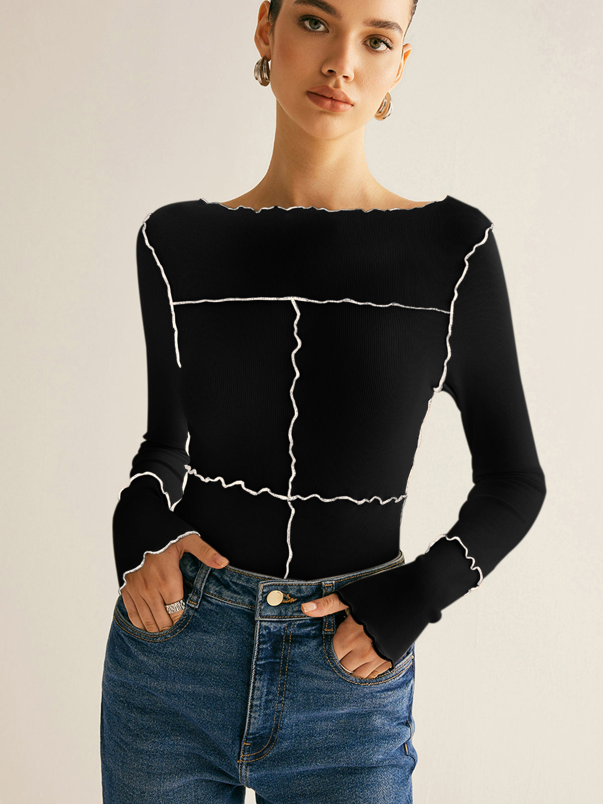 Lettuce Trim Long Sleeve Slim T-Shirt - Comfortable Stretch Fit Women's Casual Top