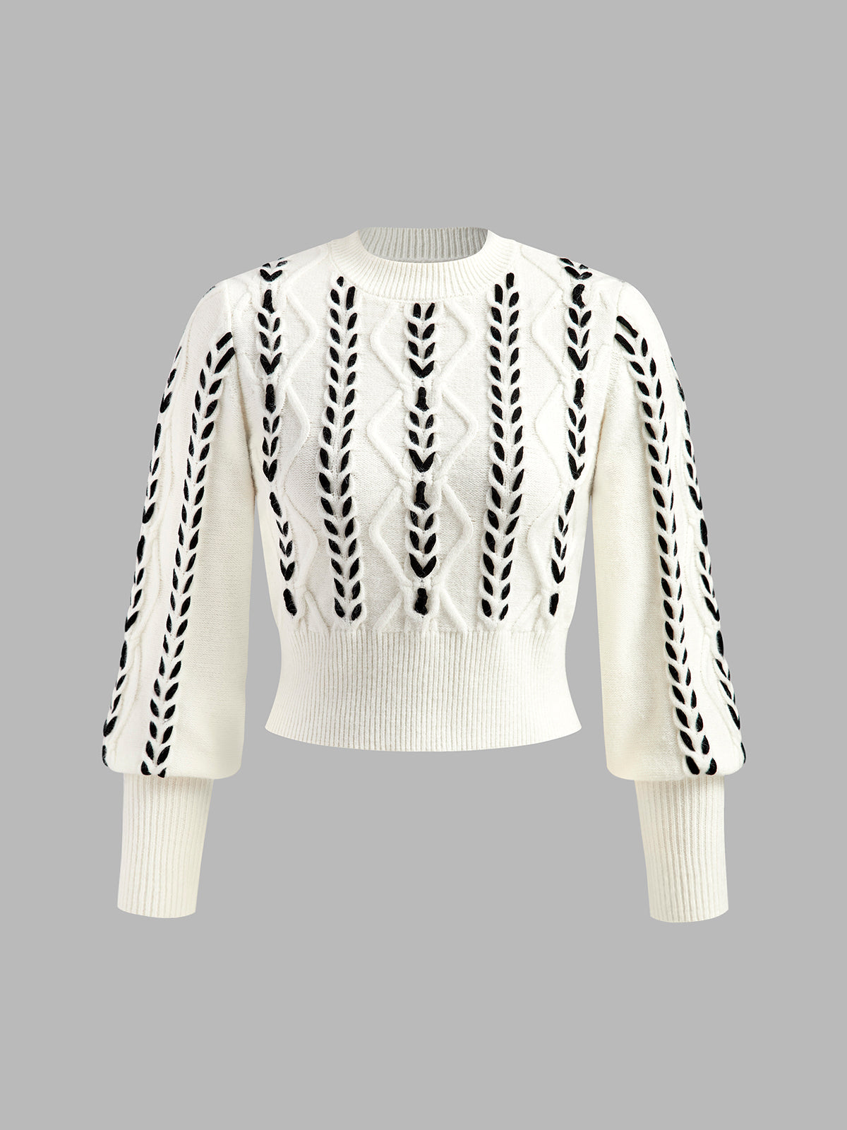 Contrast Binding Cinched Sweater with Puff Sleeves and Ribbed Detail