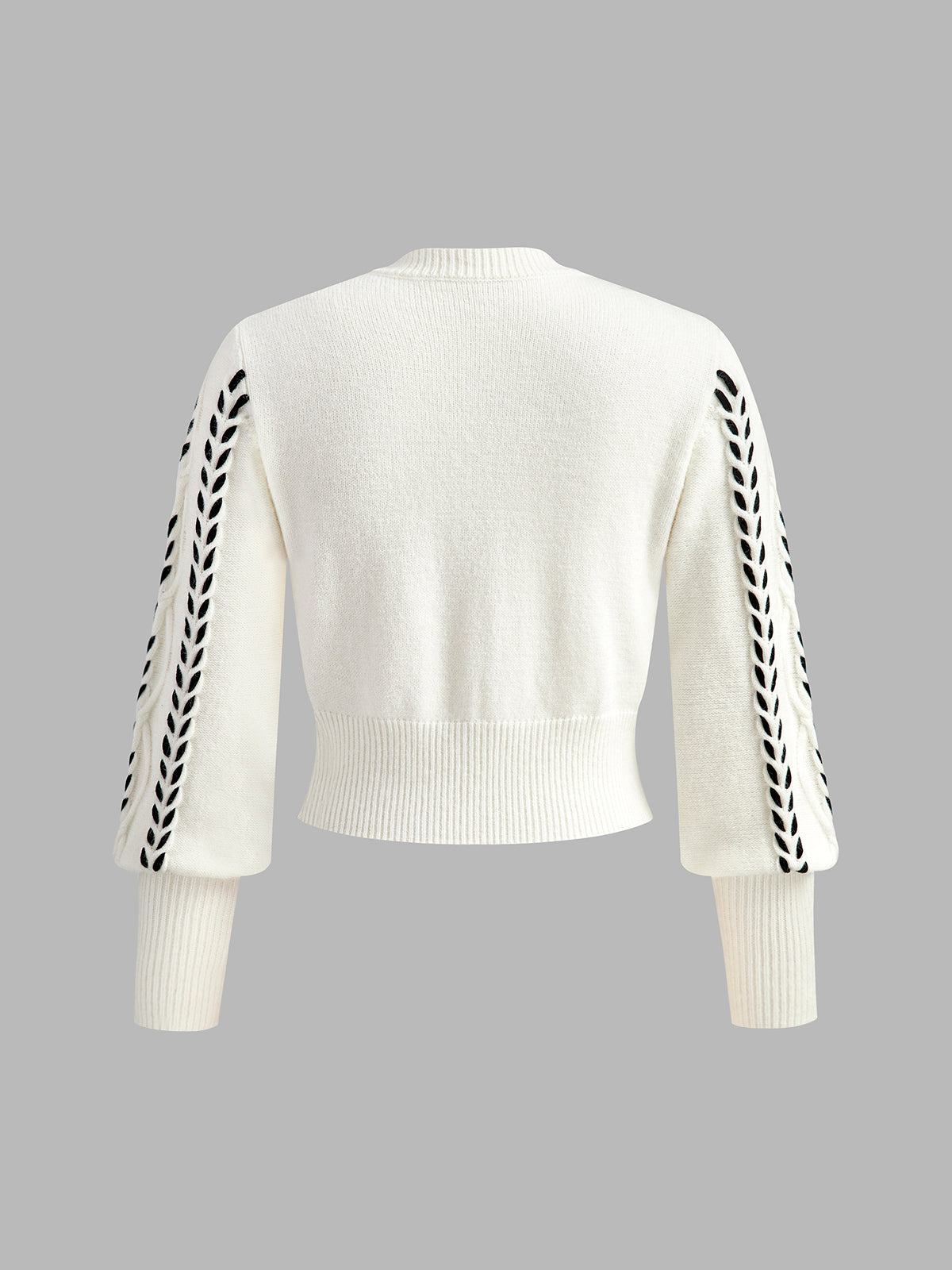 Contrast Binding Cinched Sweater with Puff Sleeves and Ribbed Detail