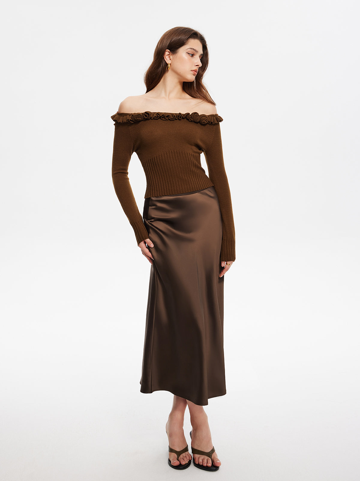 Cashmere-Blend Off-Shoulder Ruffle Sweater Elegant Winter Fashion Essential