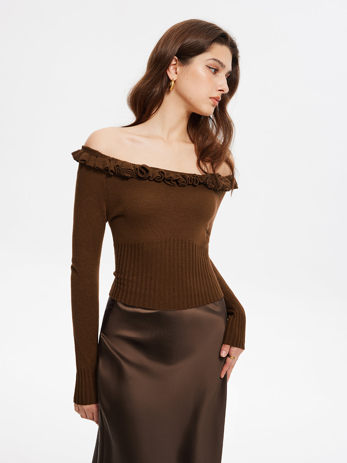 Cashmere-Blend Off-Shoulder Ruffle Sweater Elegant Winter Fashion Essential