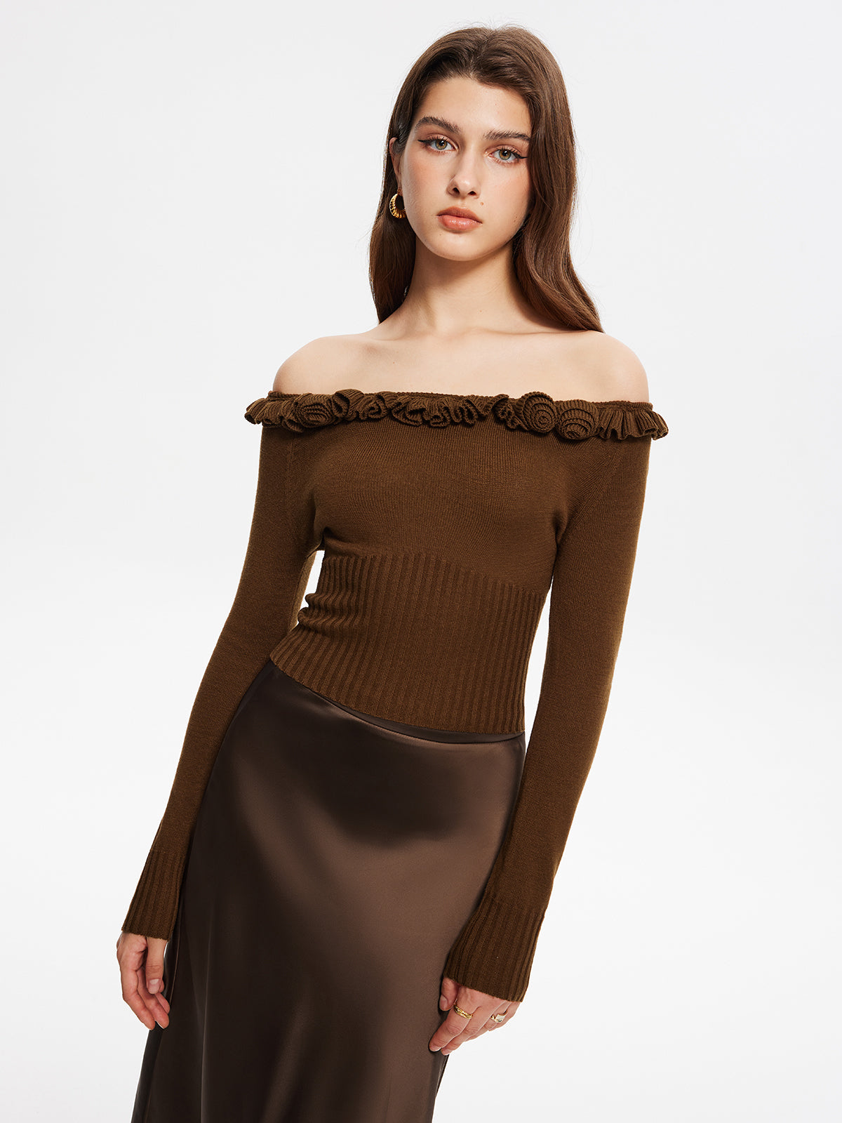 Cashmere-Blend Off-Shoulder Ruffle Sweater Elegant Winter Fashion Essential