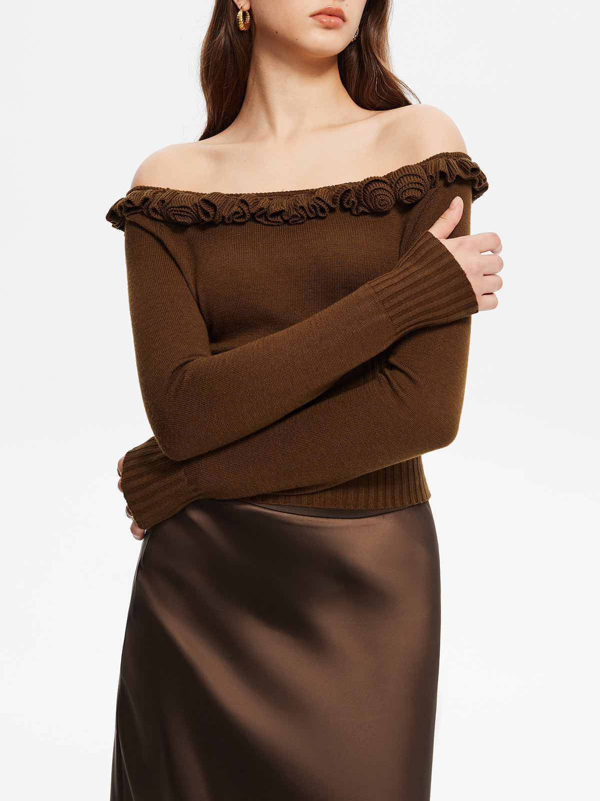 Cashmere-Blend Off-Shoulder Ruffle Sweater Elegant Winter Fashion Essential
