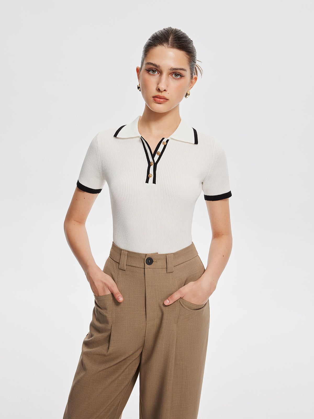 Contrast Trim Metal Button Knit Top for Women Casual Wear