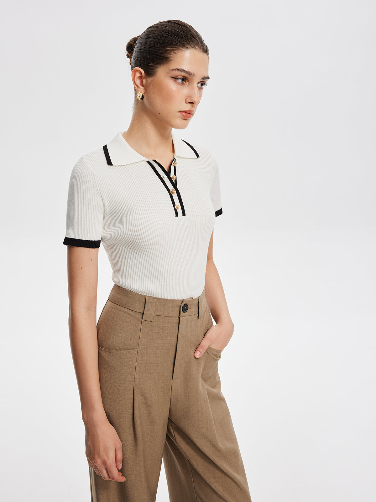 Contrast Trim Metal Button Knit Top for Women Casual Wear
