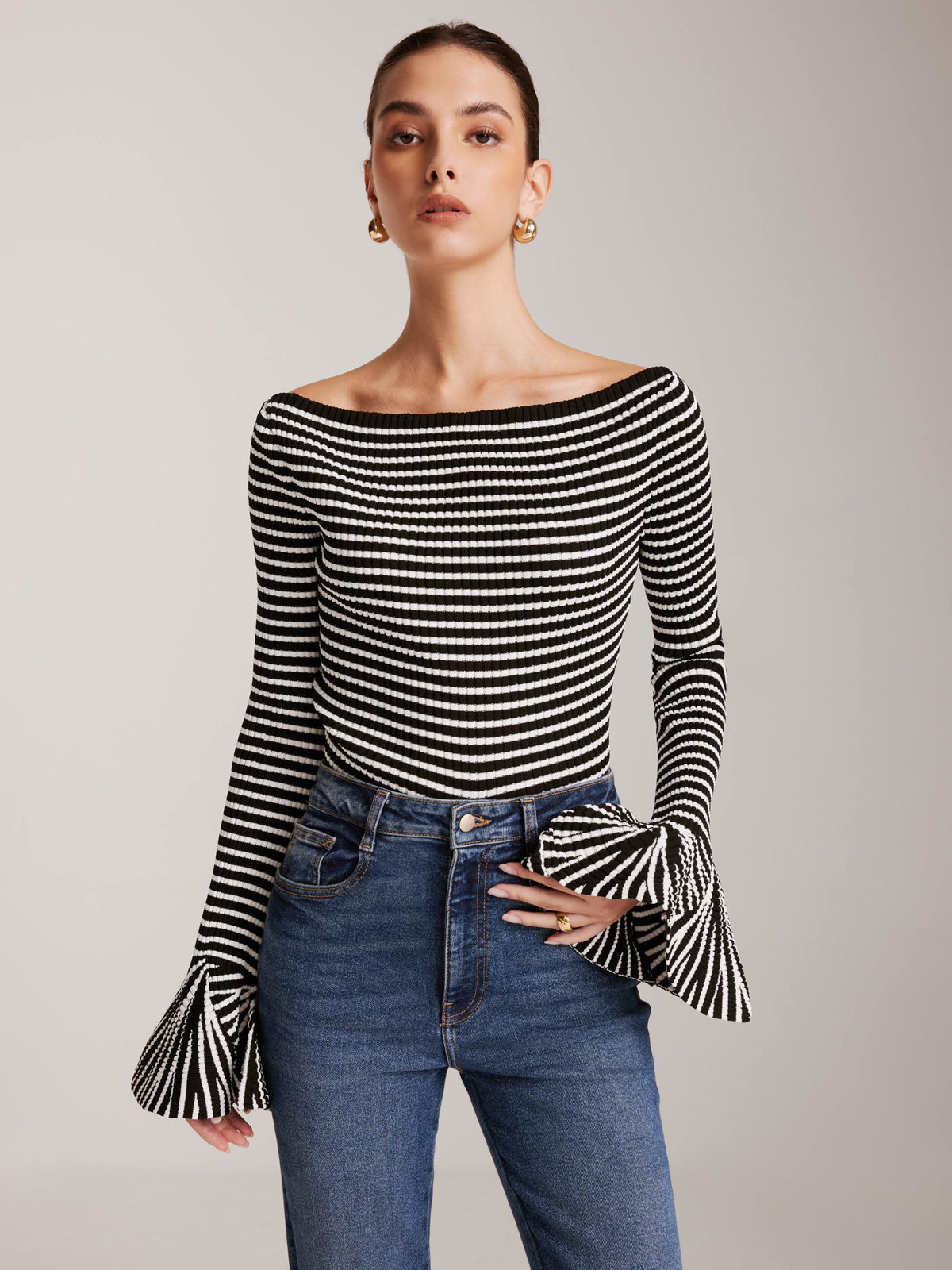 Striped Ruffle-Sleeve Knit Top Women's Casual Spring Wear