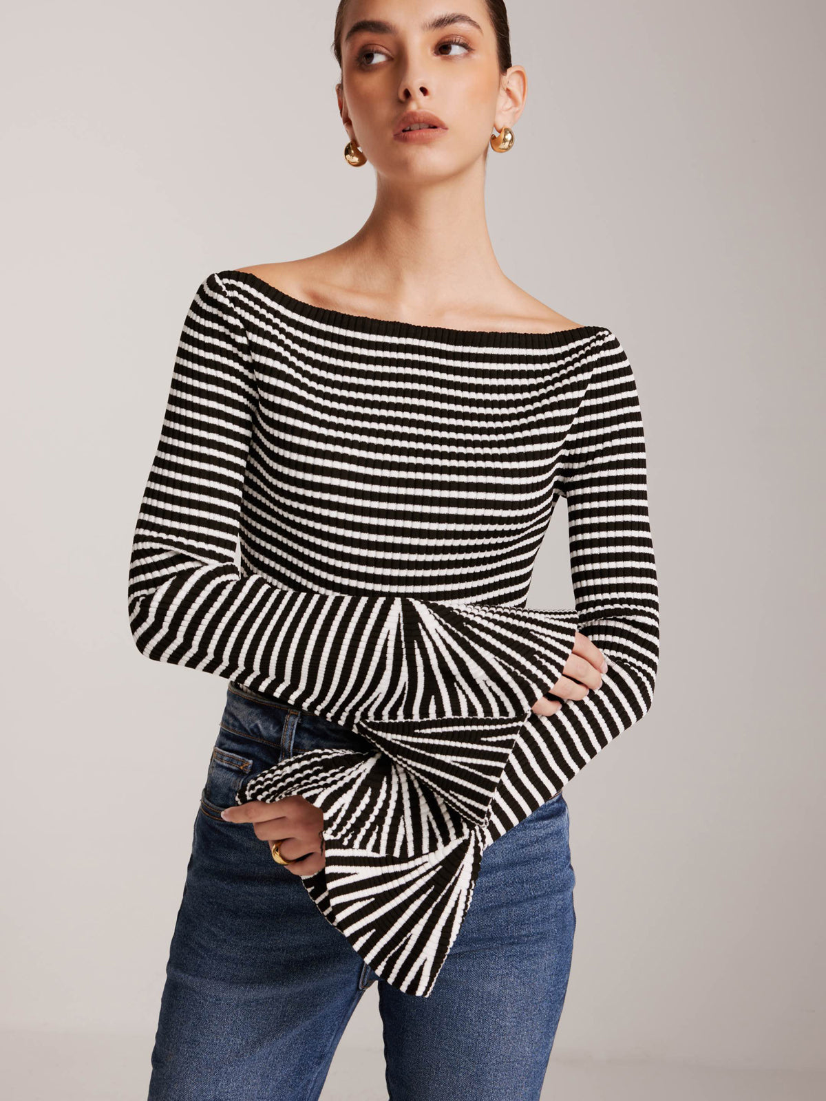 Striped Ruffle-Sleeve Knit Top Women's Casual Spring Wear