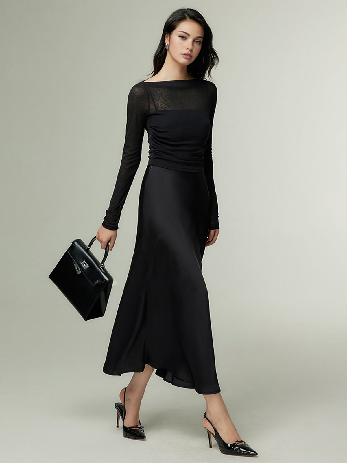 Straight Neck Sheer Panel Jersey Top Lightweight Fashion Essential