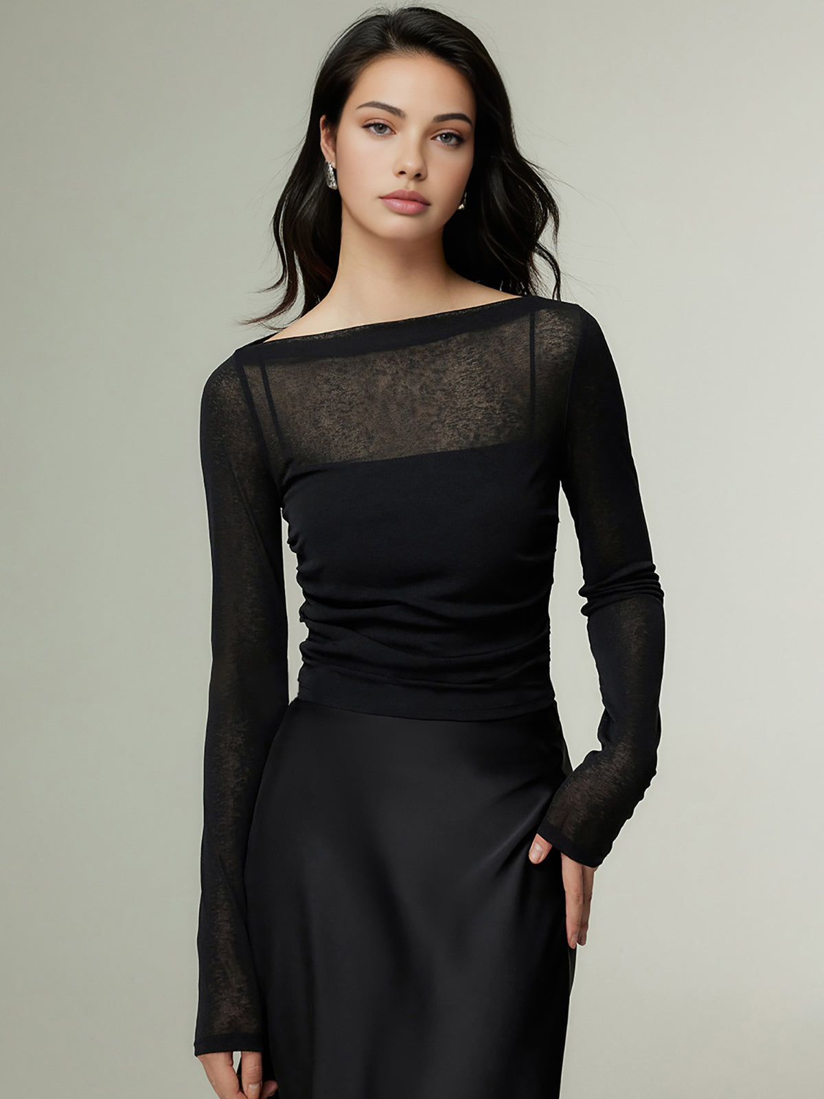 Straight Neck Sheer Panel Jersey Top Lightweight Fashion Essential