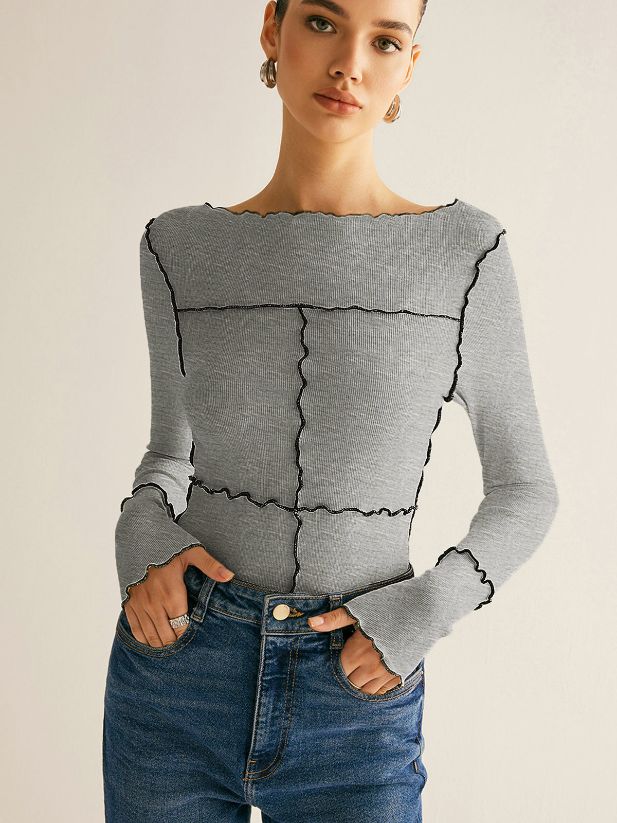 Lettuce Trim Long Sleeve Slim T-Shirt - Comfortable Stretch Fit Women's Casual Top
