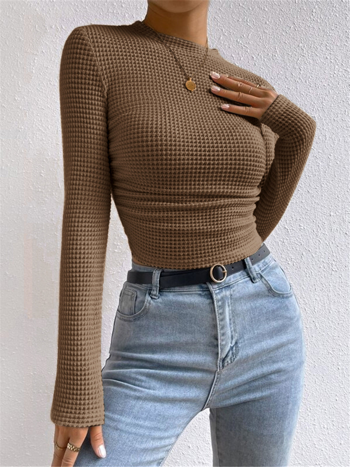 Plain Waffle Slim Sweater Lightweight Casual Pullover