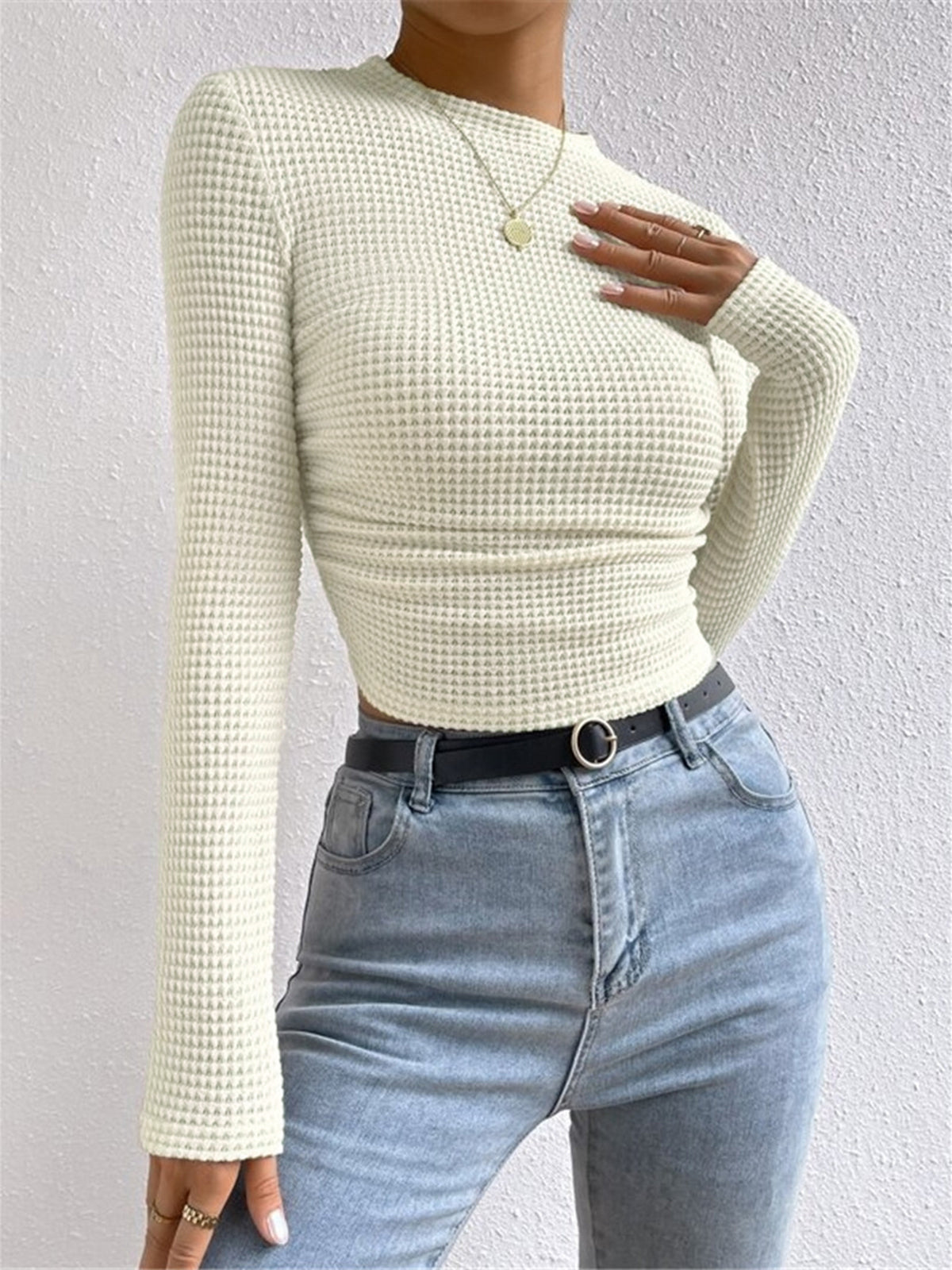 Plain Waffle Slim Sweater Lightweight Casual Pullover