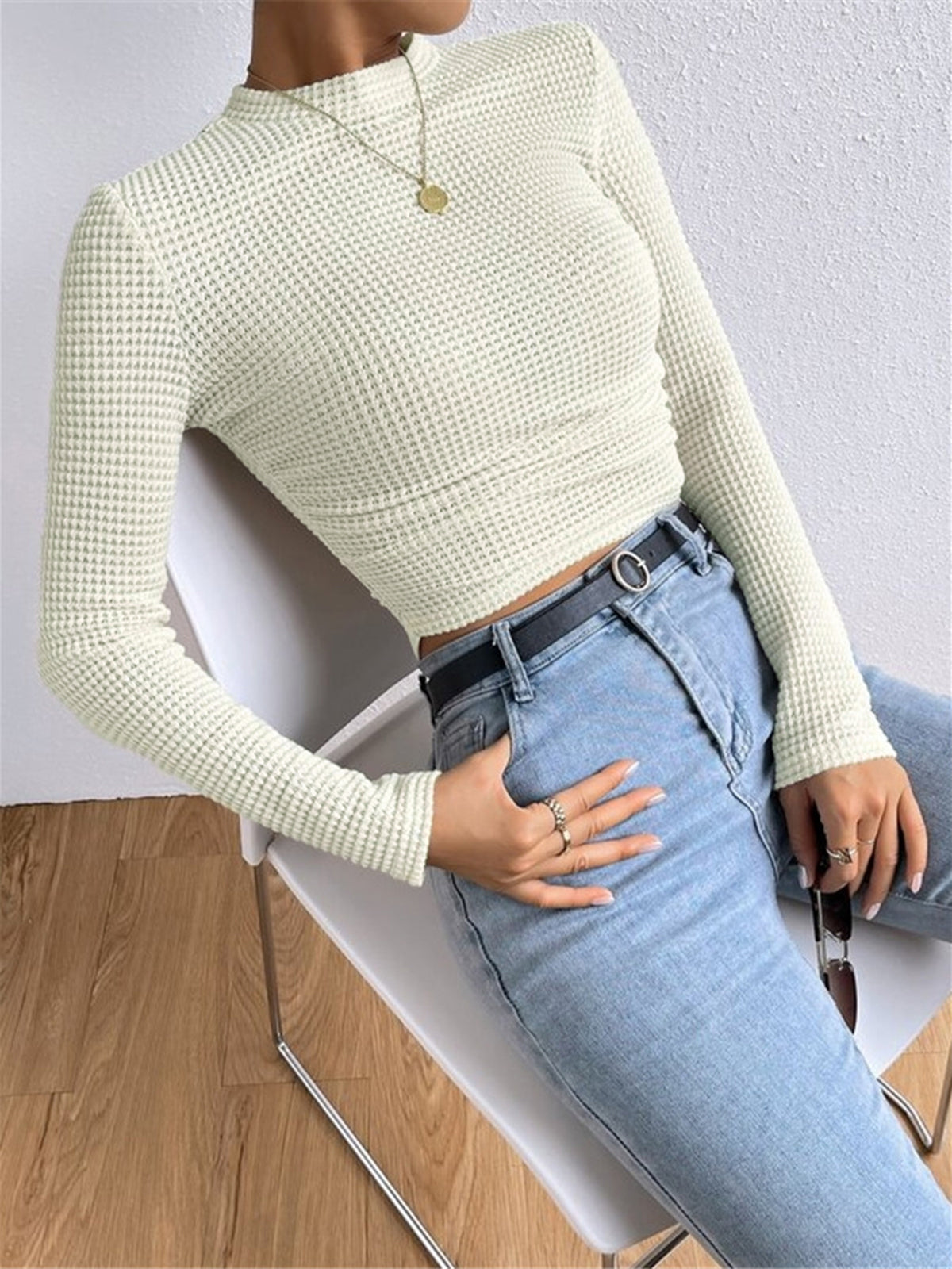 Plain Waffle Slim Sweater Lightweight Casual Pullover