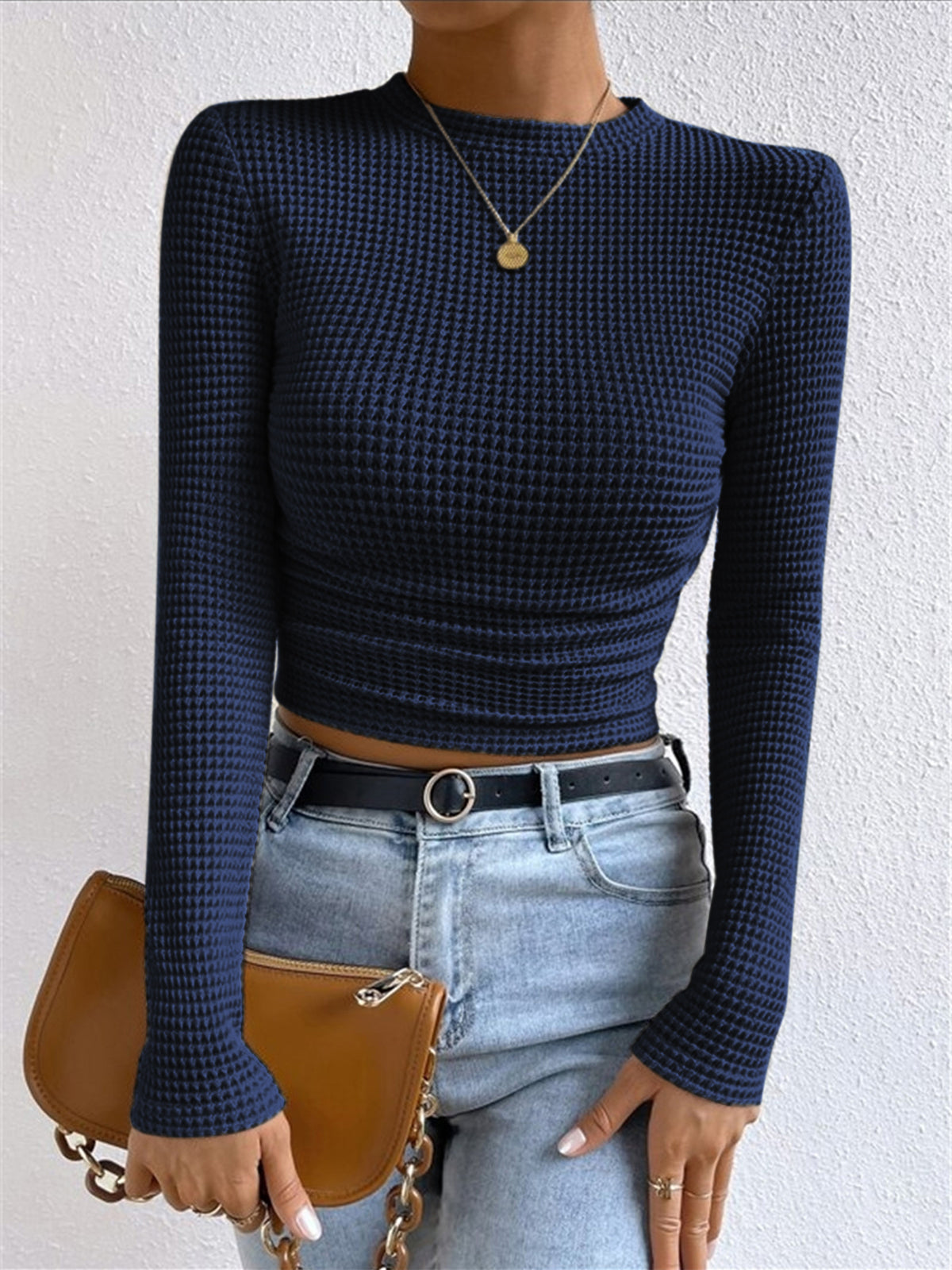 Plain Waffle Slim Sweater Lightweight Casual Pullover