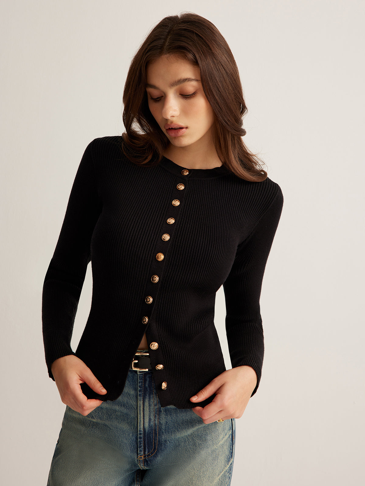 Button Down Skinny Knit Top Long Sleeve Fitted Sweater