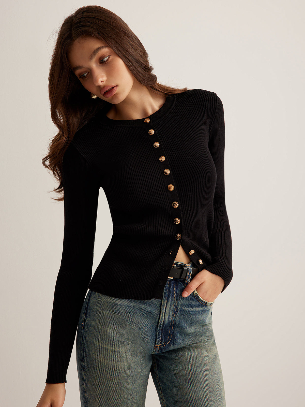 Button Down Skinny Knit Top Long Sleeve Fitted Sweater