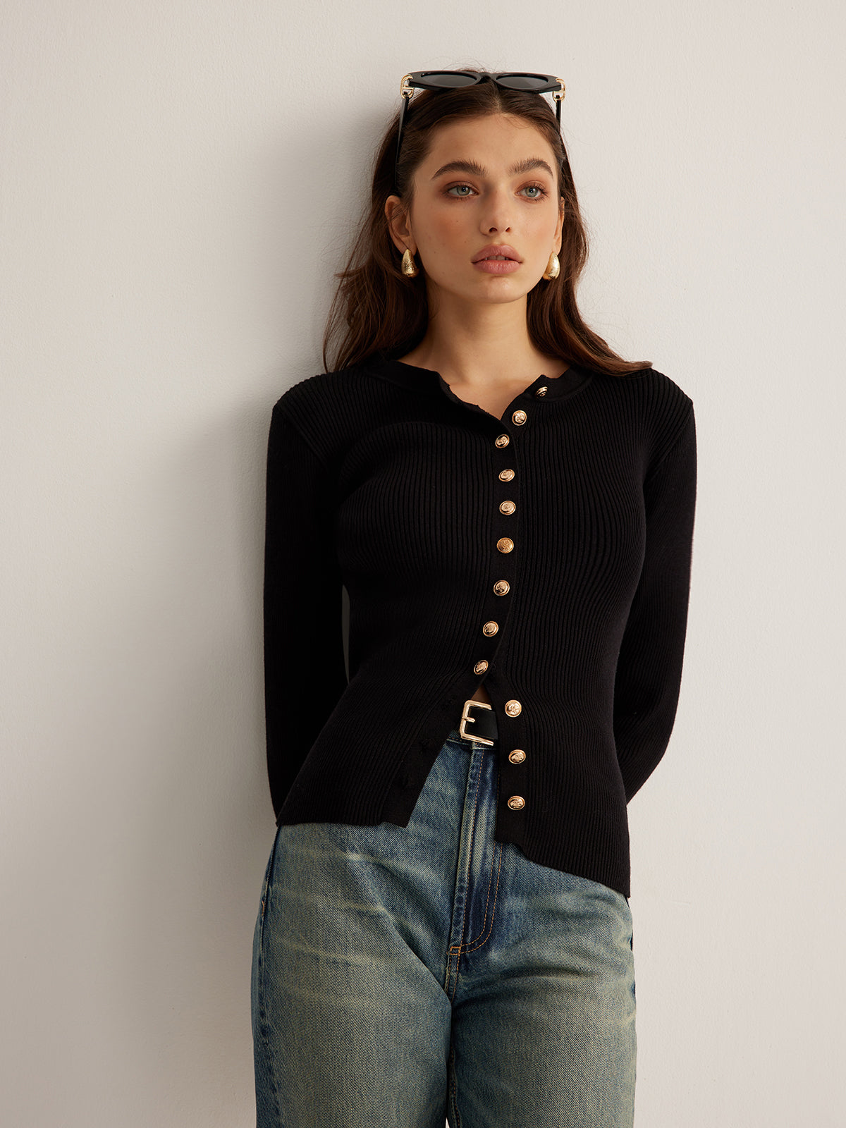 Button Down Skinny Knit Top Long Sleeve Fitted Sweater