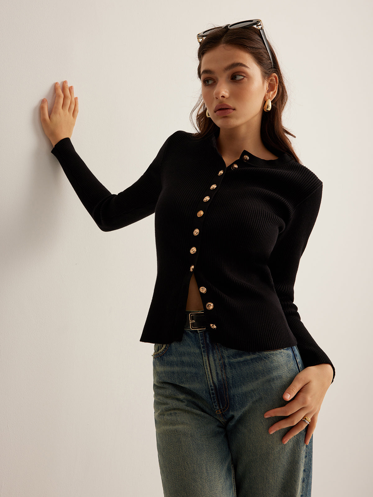 Button Down Skinny Knit Top Long Sleeve Fitted Sweater