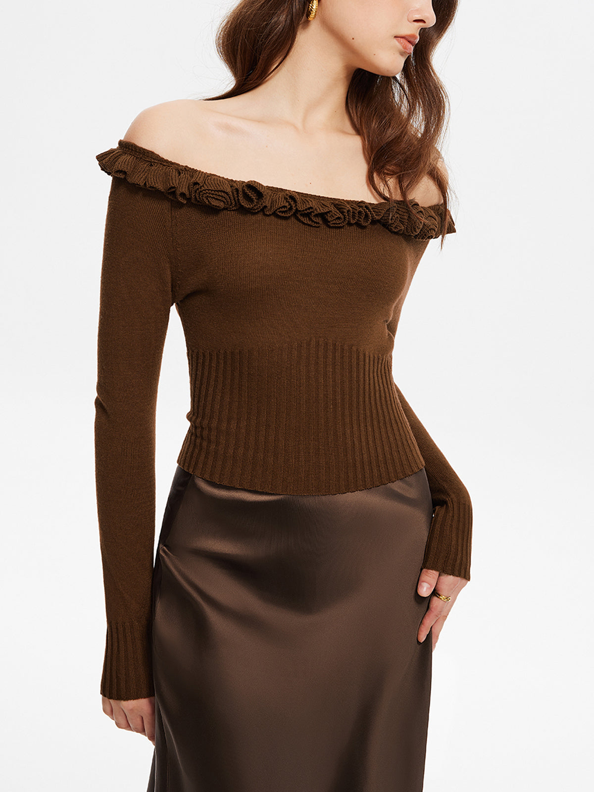 Cashmere-Blend Off-Shoulder Ruffle Sweater Elegant Winter Fashion Essential
