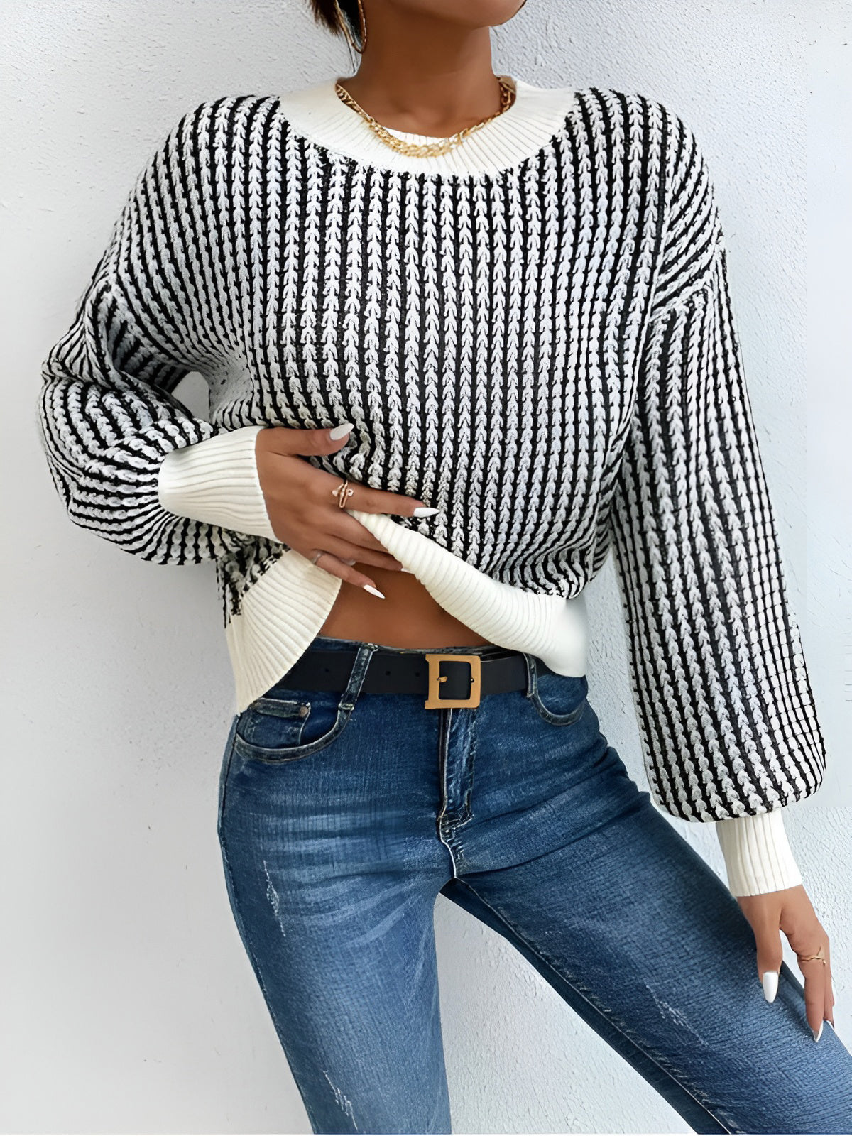 Color Block Striped Knit Top for Women, Casual Long Sleeve Crewneck