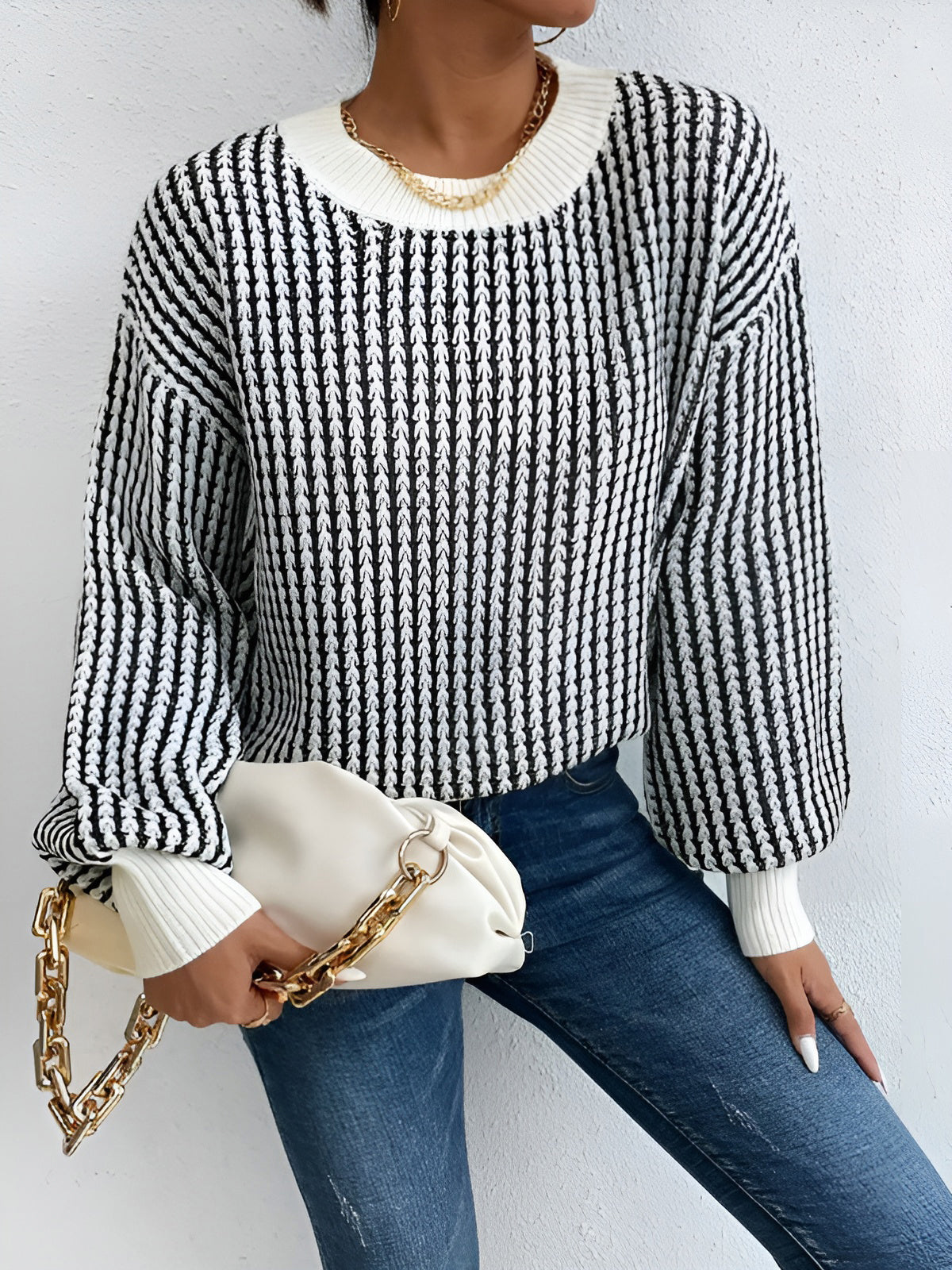 Color Block Striped Knit Top for Women, Casual Long Sleeve Crewneck