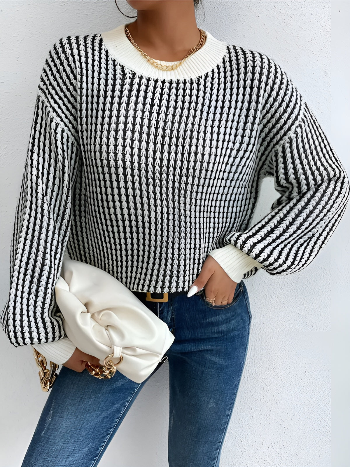 Color Block Striped Knit Top for Women, Casual Long Sleeve Crewneck