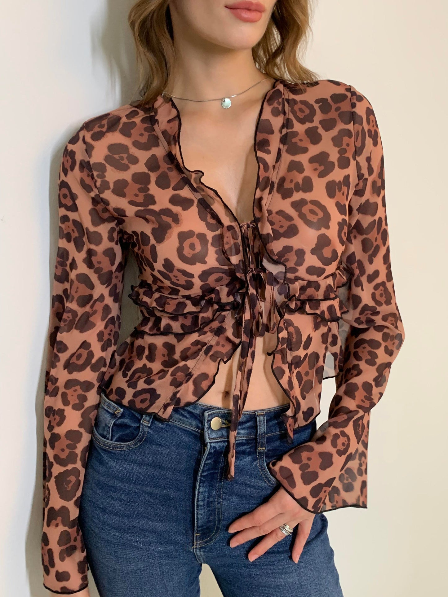 Leopard Print Semi-Sheer Ruffle V-Neck Blouse for Women Lightweight