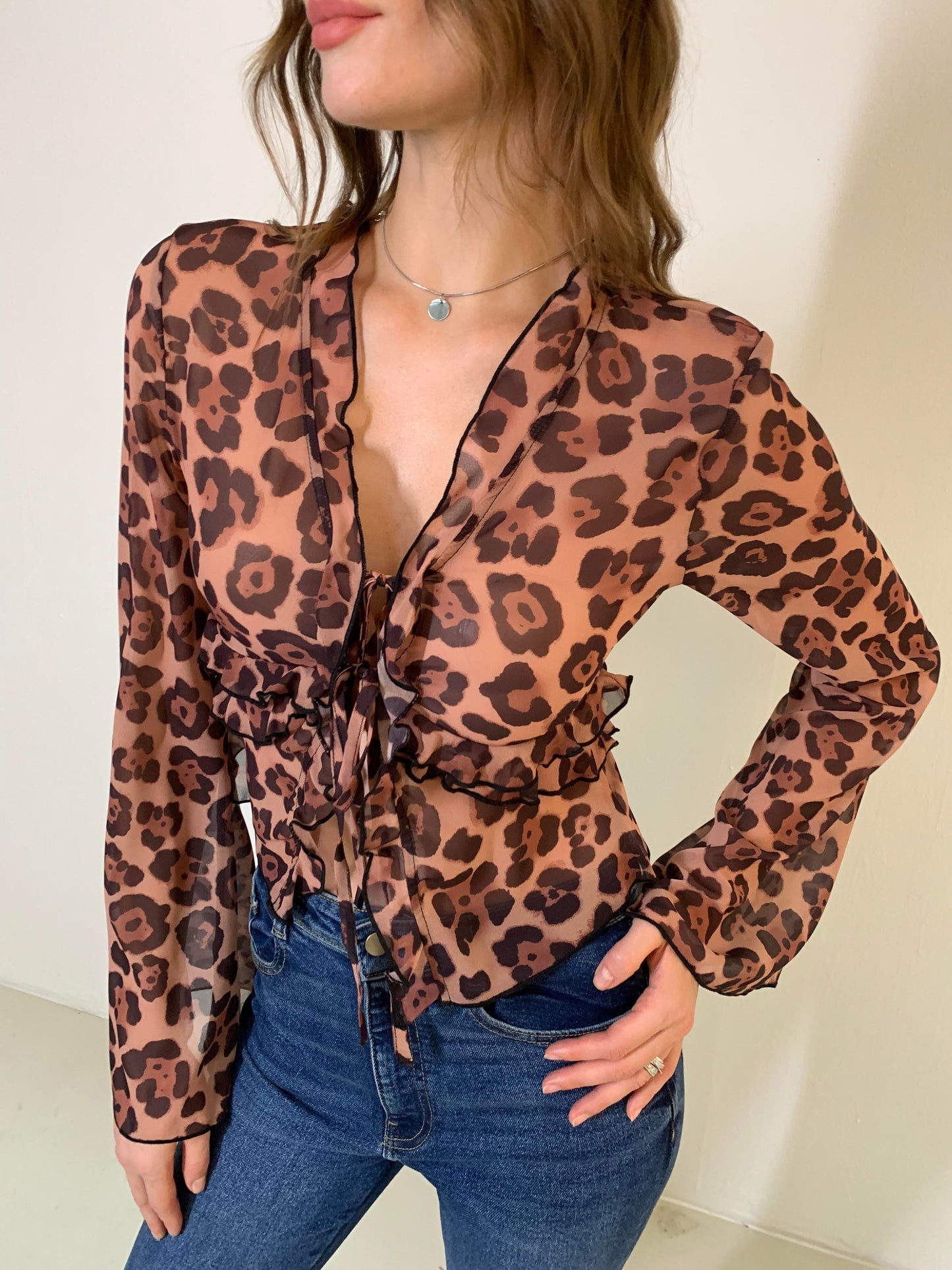 Leopard Print Semi-Sheer Ruffle V-Neck Blouse for Women Lightweight