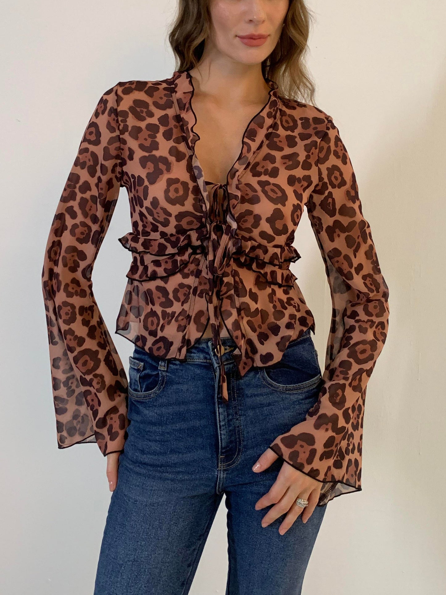 Leopard Print Semi-Sheer Ruffle V-Neck Blouse for Women Lightweight