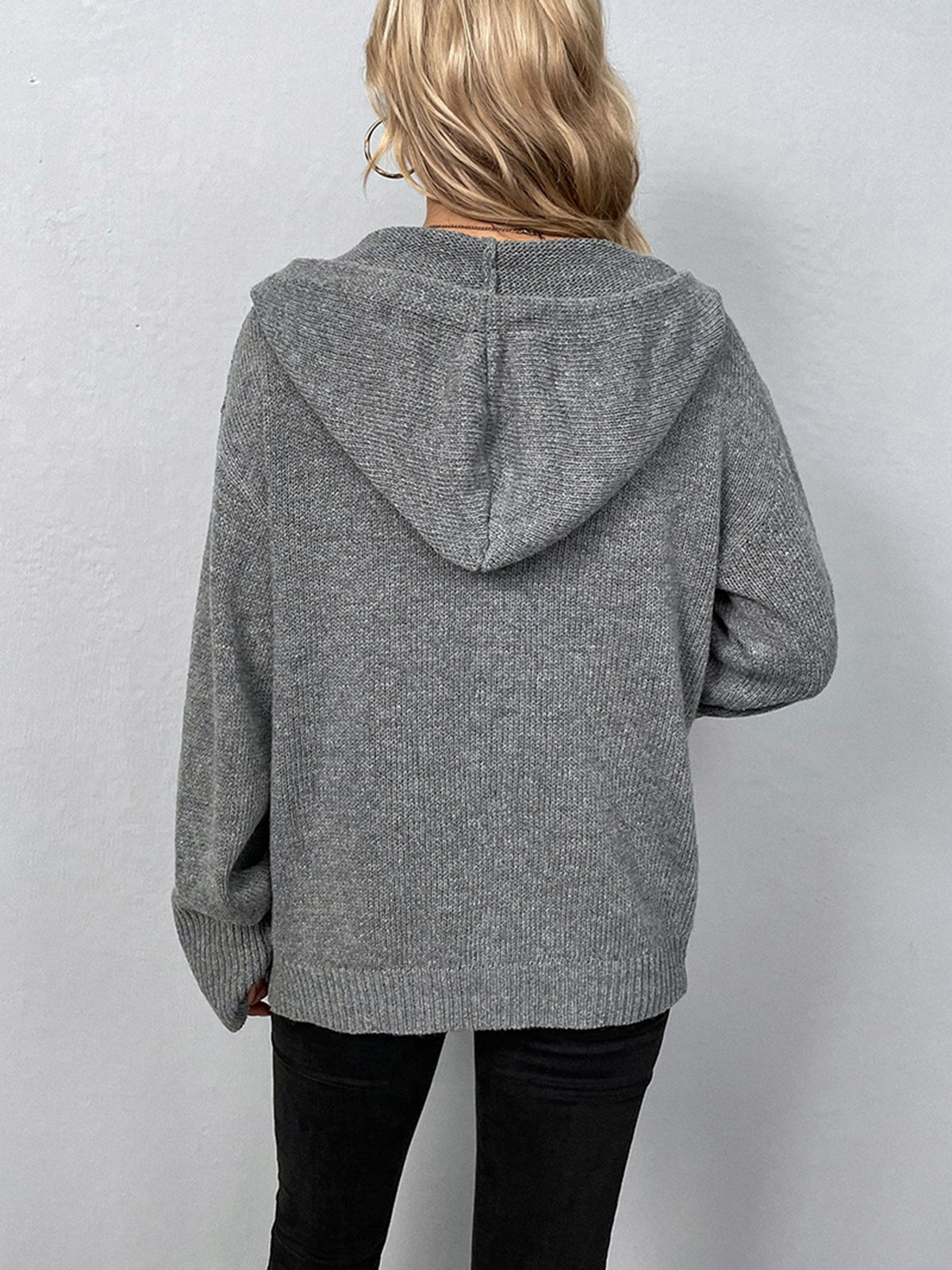Button Drawstring Hooded Cardigan with Front Pockets and Long Sleeves