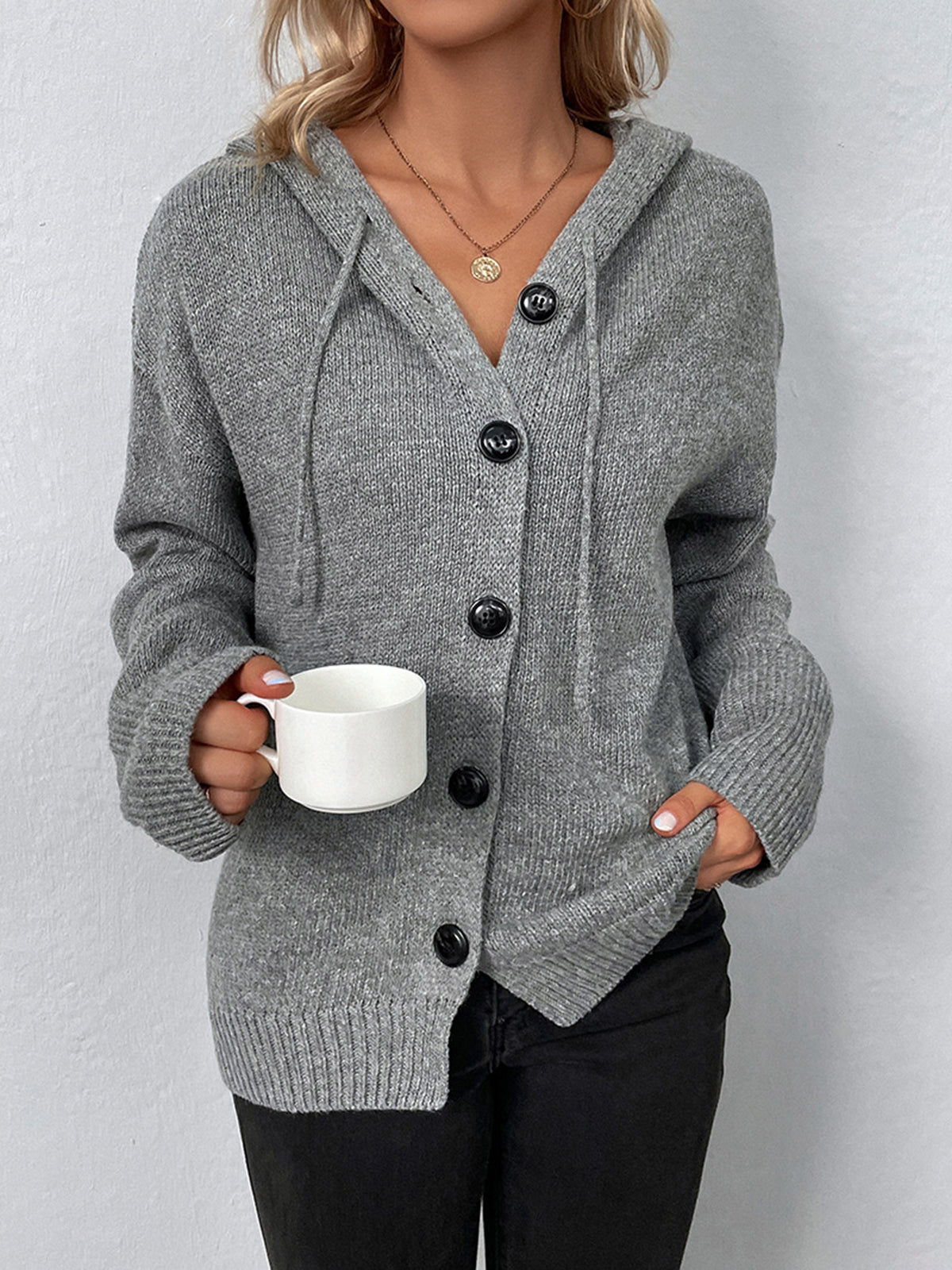 Button Drawstring Hooded Cardigan with Front Pockets and Long Sleeves