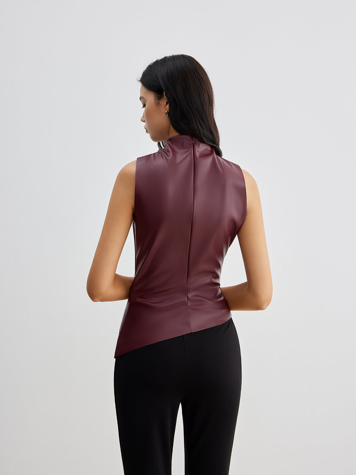 Mock Neck Faux Leather Cinched Tank Top Sleeveless Stylish Versatile