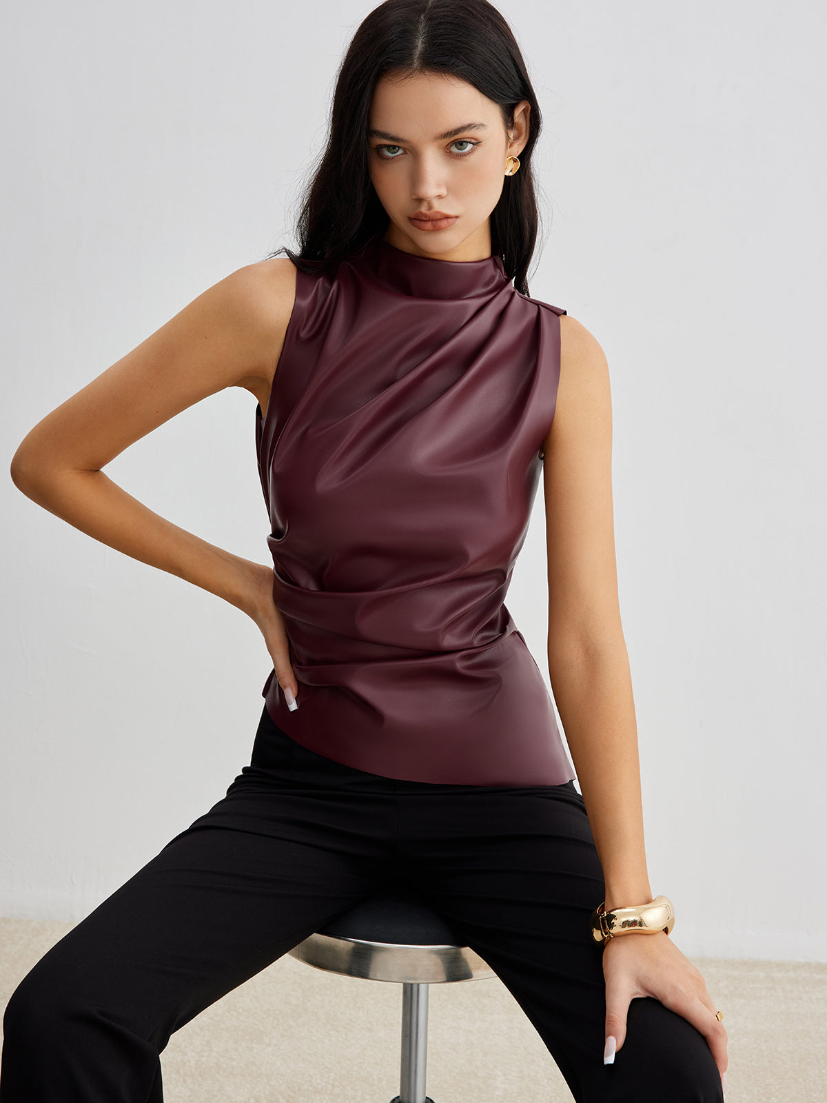 Mock Neck Faux Leather Cinched Tank Top Sleeveless Stylish Versatile