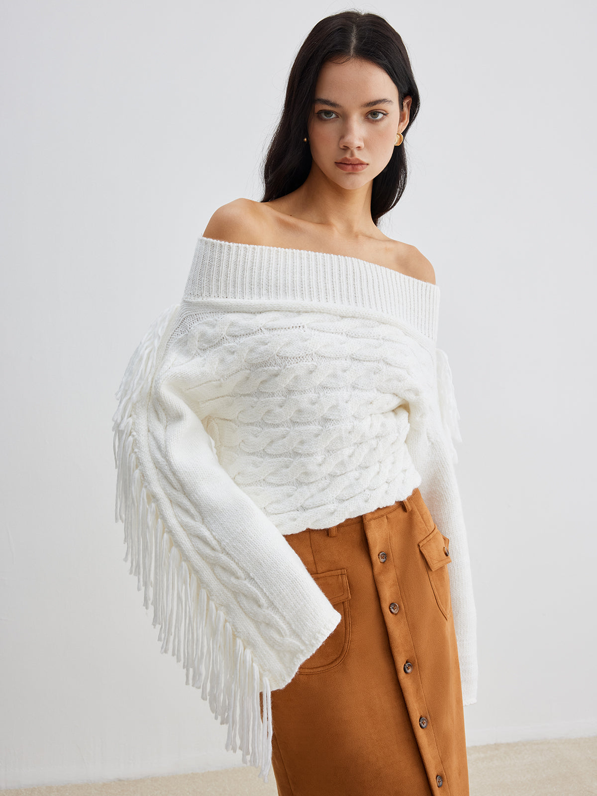 Beheme Off-Shoulder Tassel Sweater Cozy Knit Winter Fashion