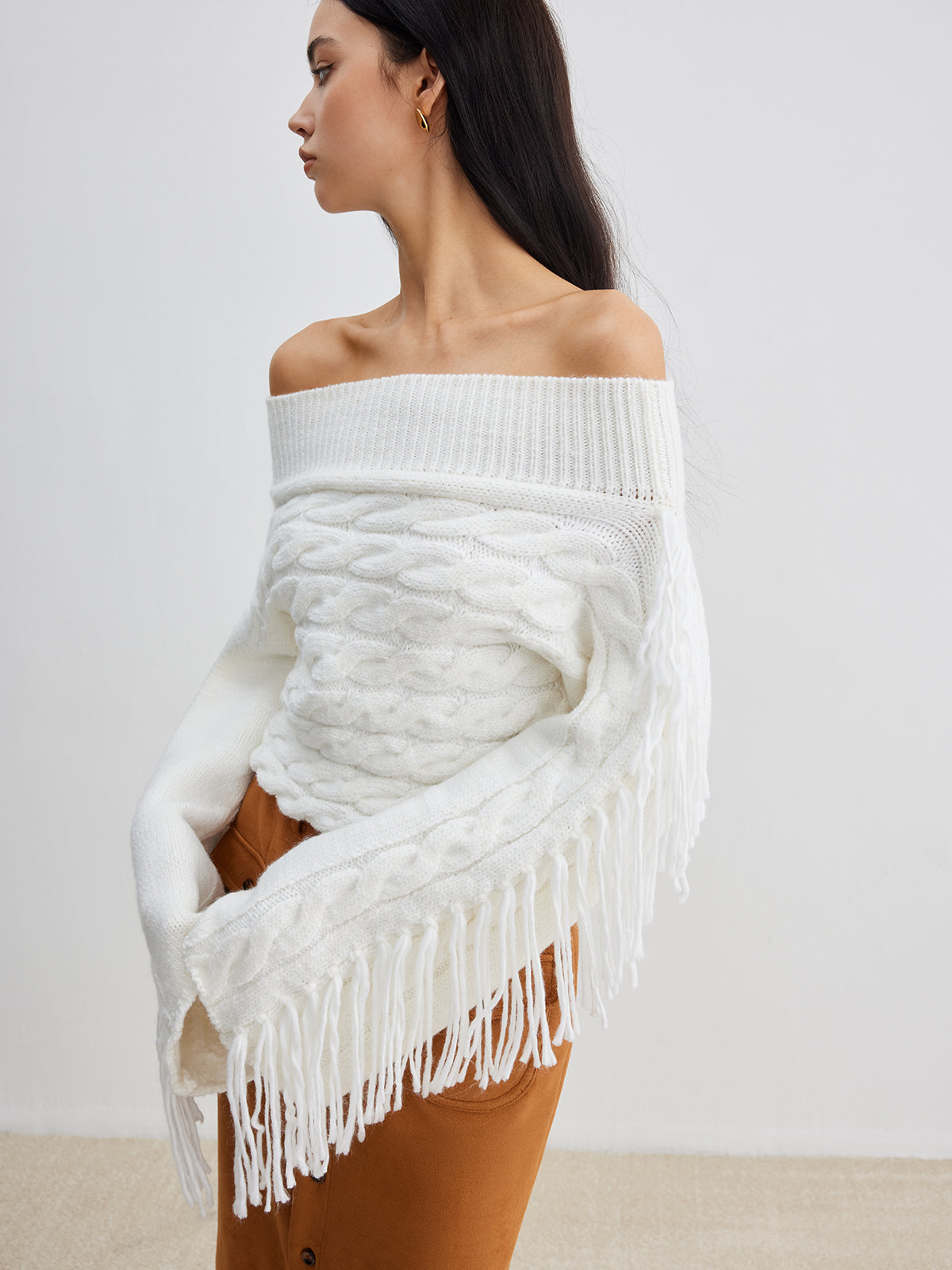 Beheme Off-Shoulder Tassel Sweater Cozy Knit Winter Fashion