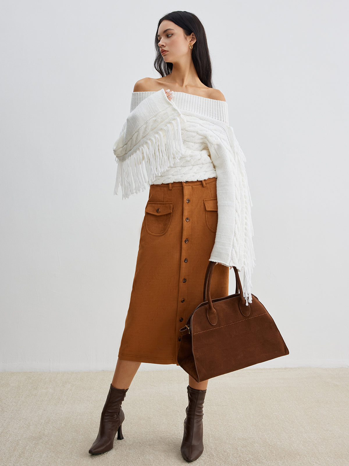 Beheme Off-Shoulder Tassel Sweater Cozy Knit Winter Fashion