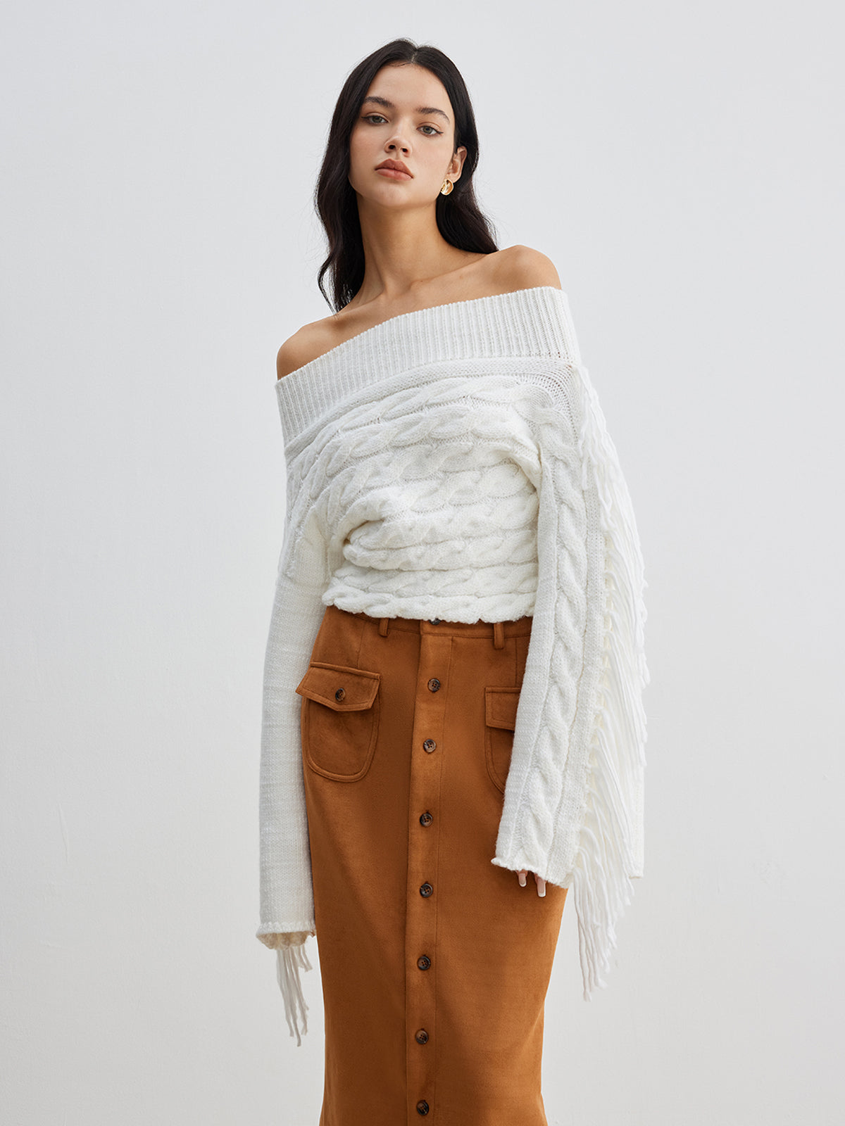 Beheme Off-Shoulder Tassel Sweater Cozy Knit Winter Fashion