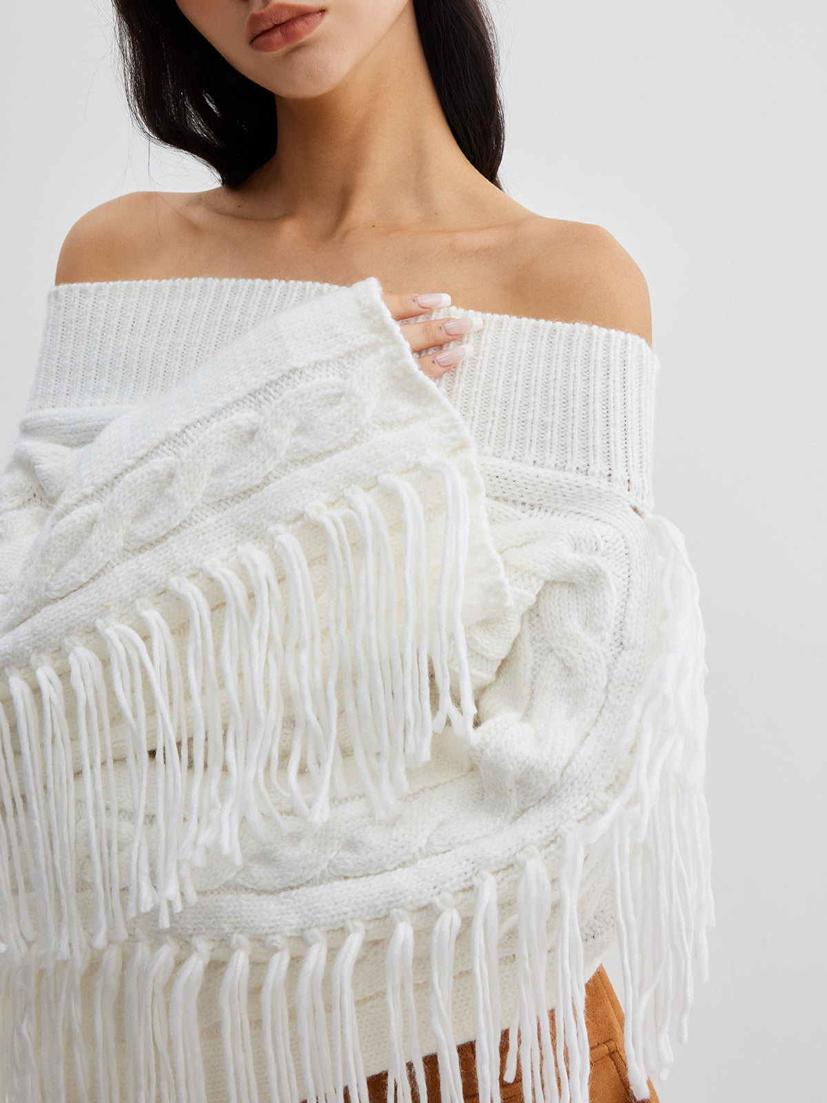 Beheme Off-Shoulder Tassel Sweater Cozy Knit Winter Fashion