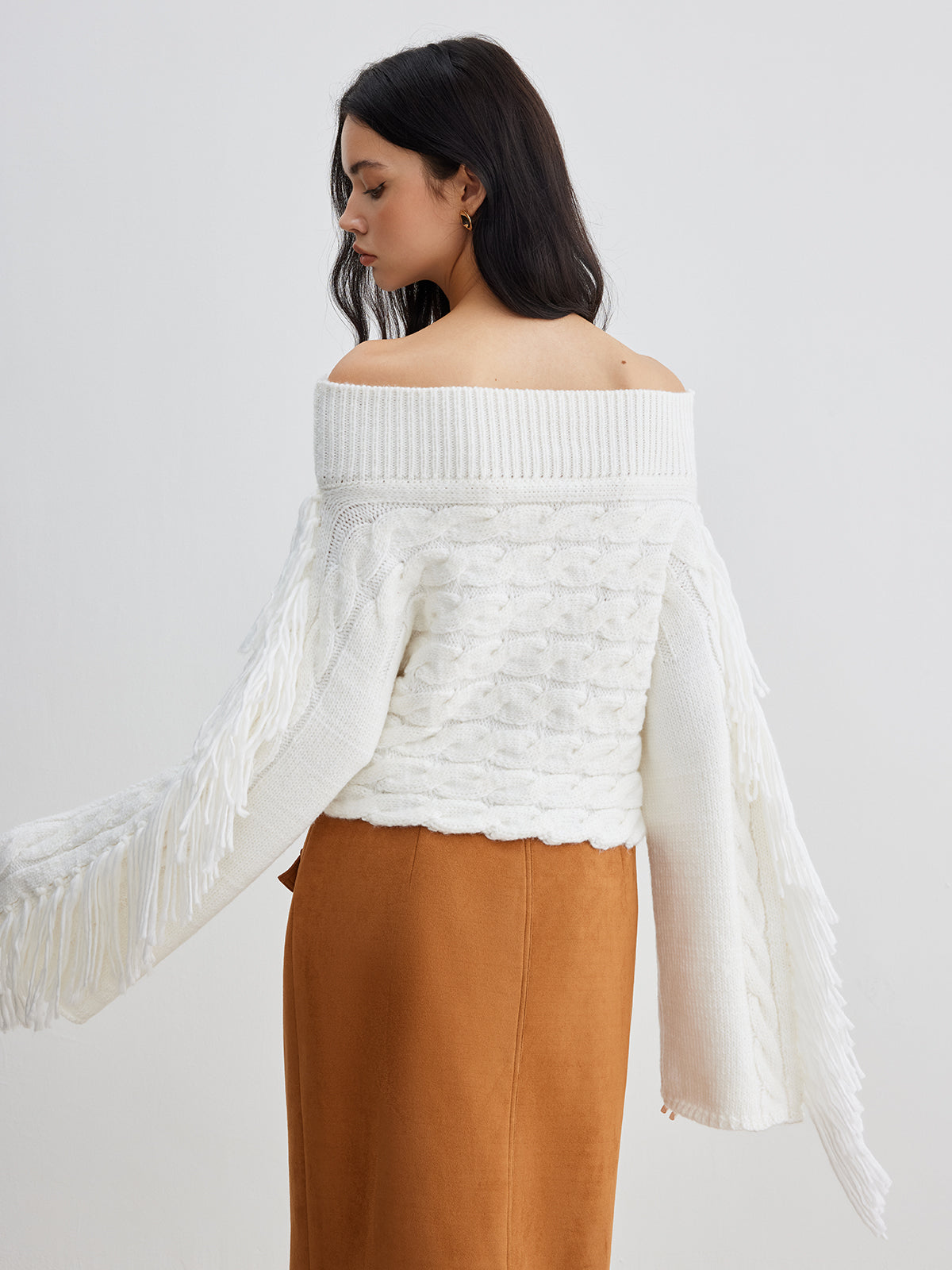 Beheme Off-Shoulder Tassel Sweater Cozy Knit Winter Fashion