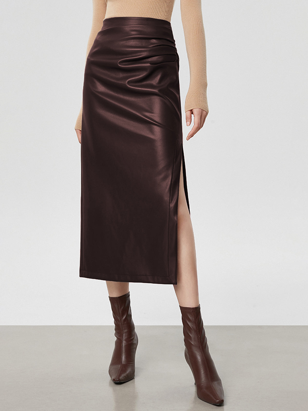 Faux Leather Ruched Slit Midi Skirt Women's Trendy Fashion