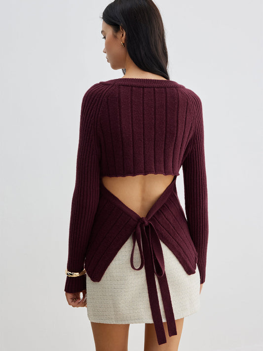 Backless Slim Tie Knit Top with Long Sleeves and Stretch Fabric