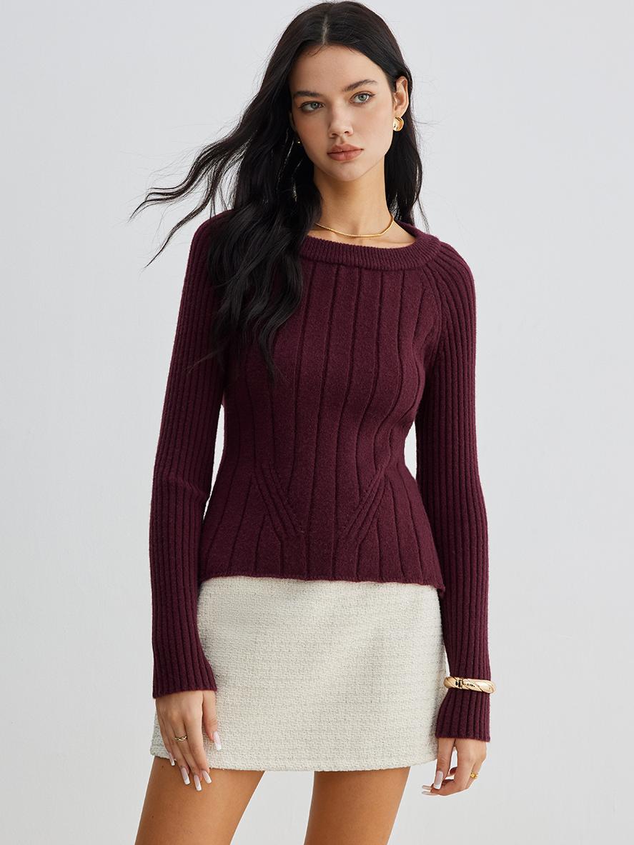 Backless Slim Tie Knit Top with Long Sleeves and Stretch Fabric