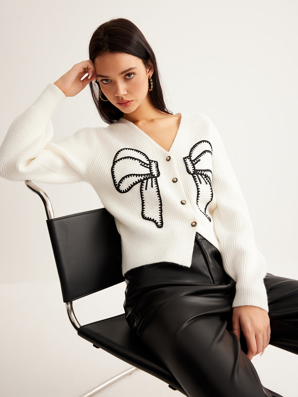 Embroidery-Bow Button Short Cardigan Cozy Lightweight Knitwear