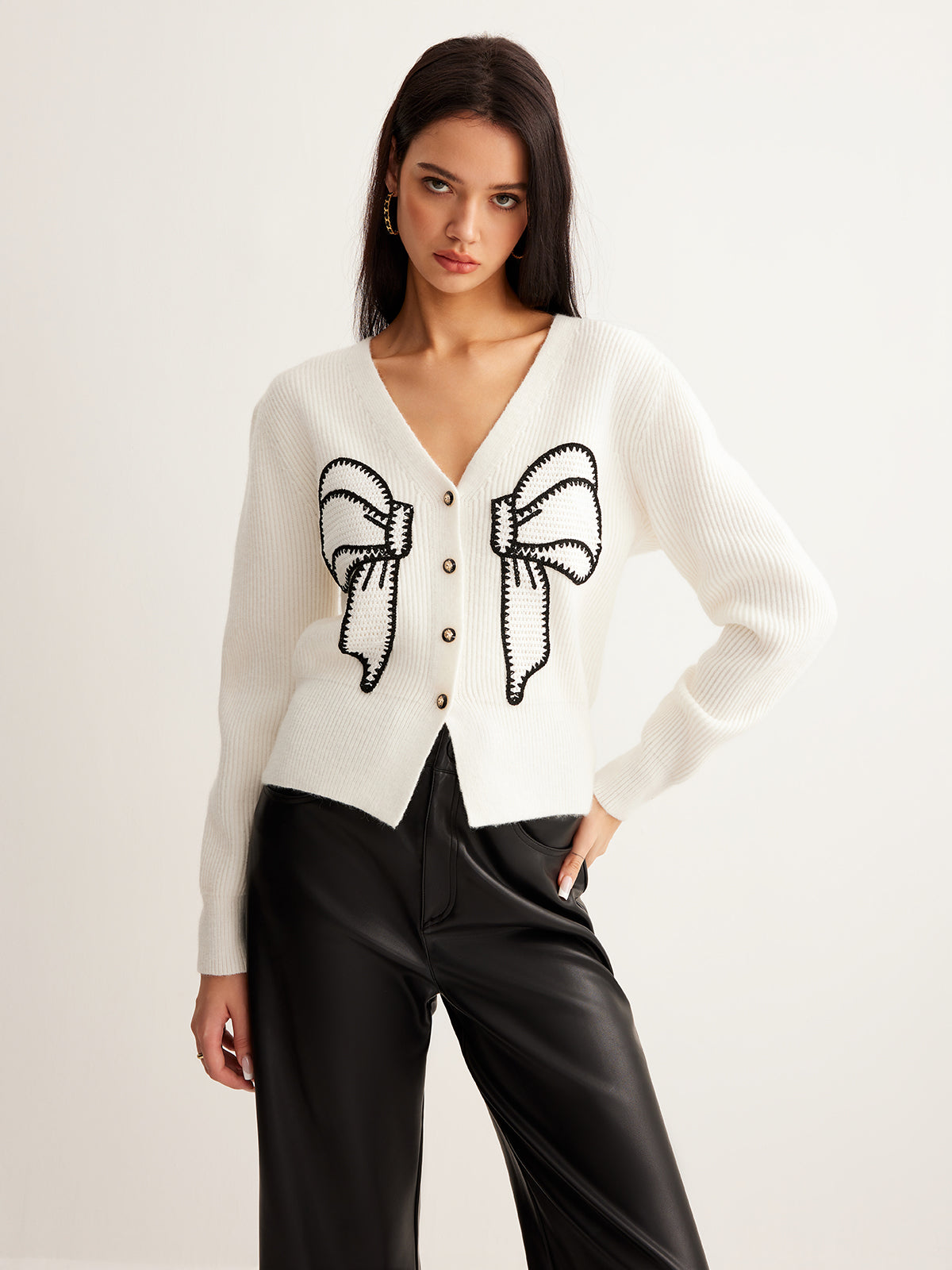 Embroidery-Bow Button Short Cardigan Cozy Lightweight Knitwear