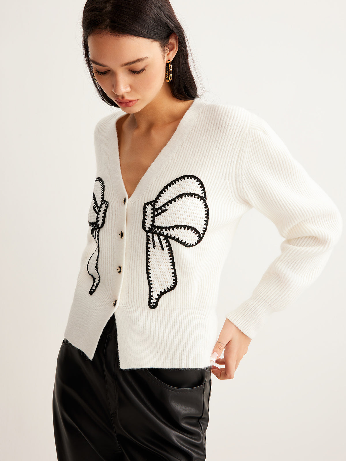 Embroidery-Bow Button Short Cardigan Cozy Lightweight Knitwear