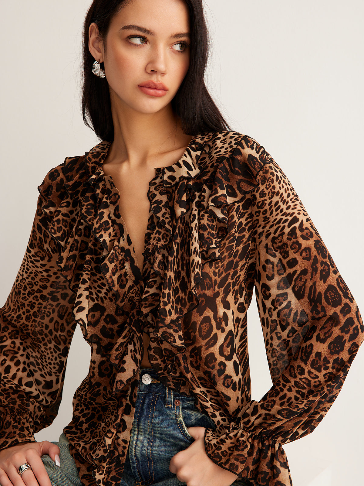 Leopard Printed Ruffle Blouse Women's Trendy Casual Top