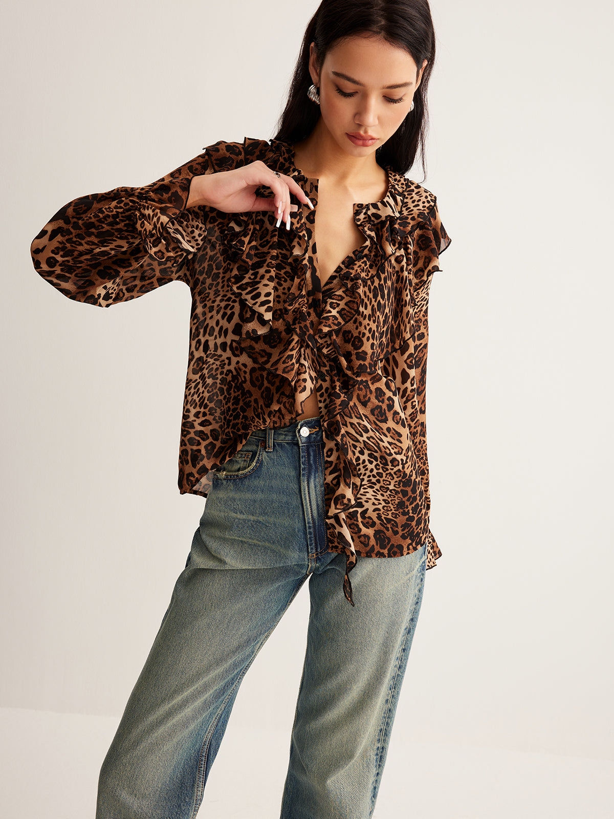 Leopard Printed Ruffle Blouse Women's Trendy Casual Top