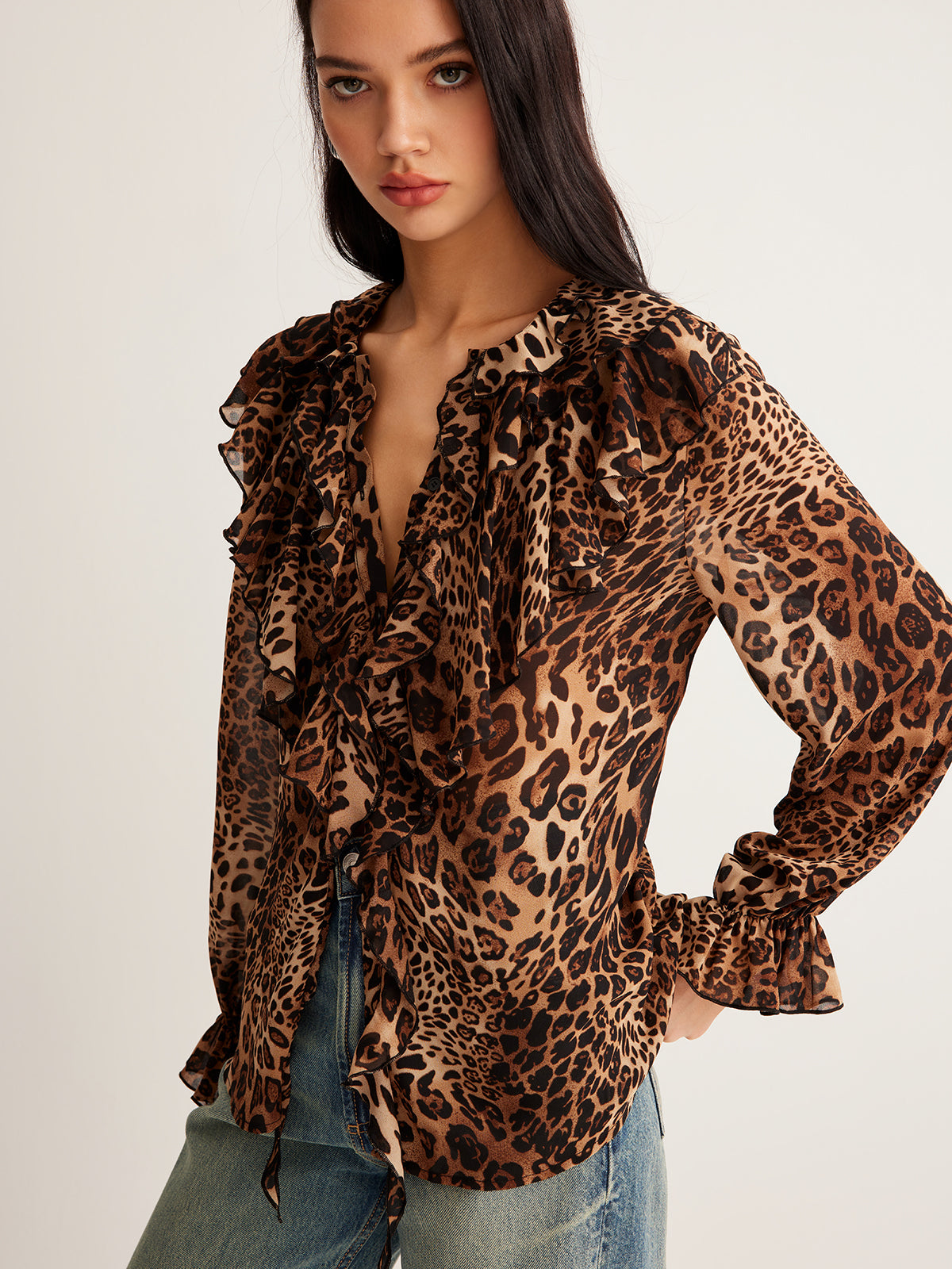 Leopard Printed Ruffle Blouse Women's Trendy Casual Top